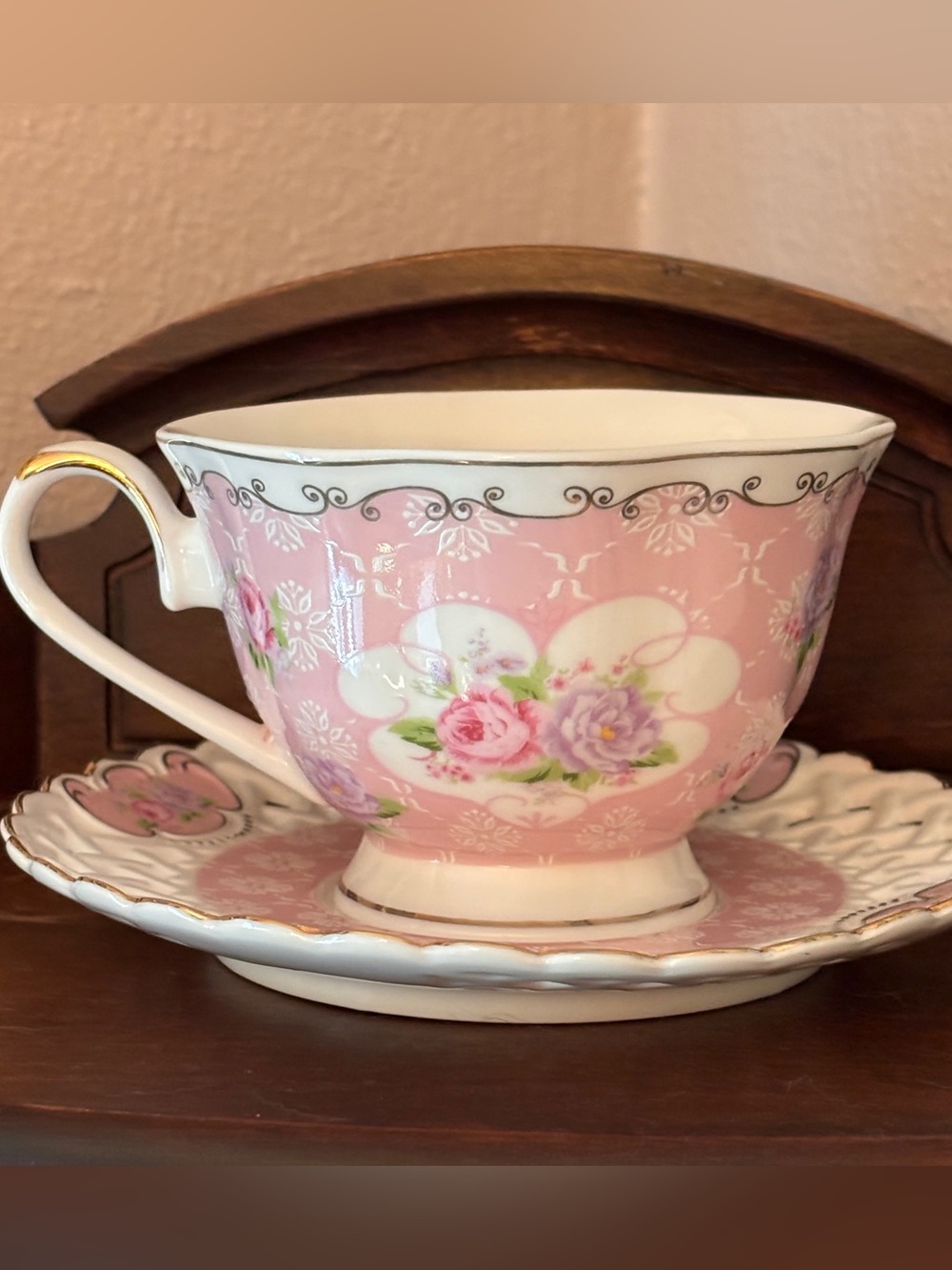 Grace Teaware Teacup and Saucer Set Pink Floral Lattice Porcelain RARE
